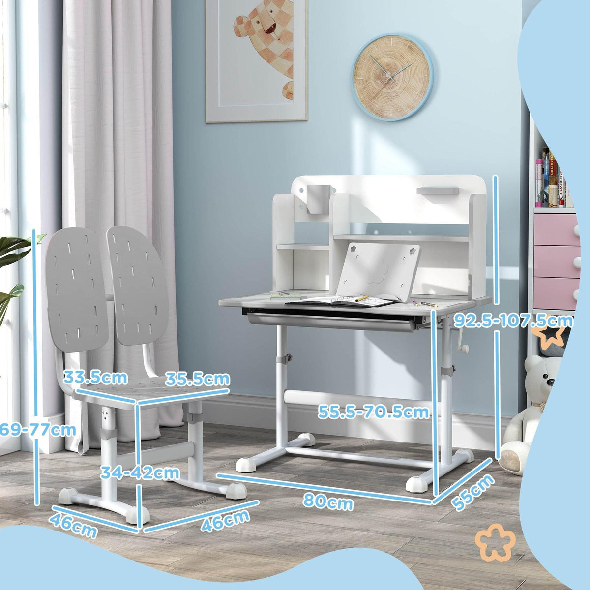 Adjustable kids desk and chair set with tiltable tabletop and grey backrest
