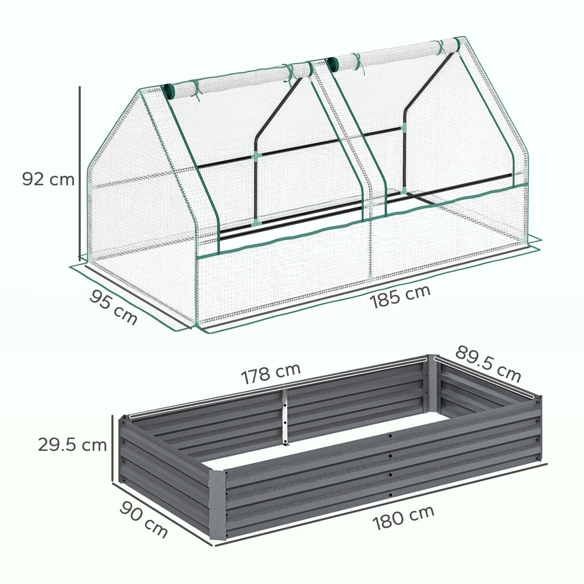 Greenhouse cover and raised bed planter box, white mesh frame with dark gray base