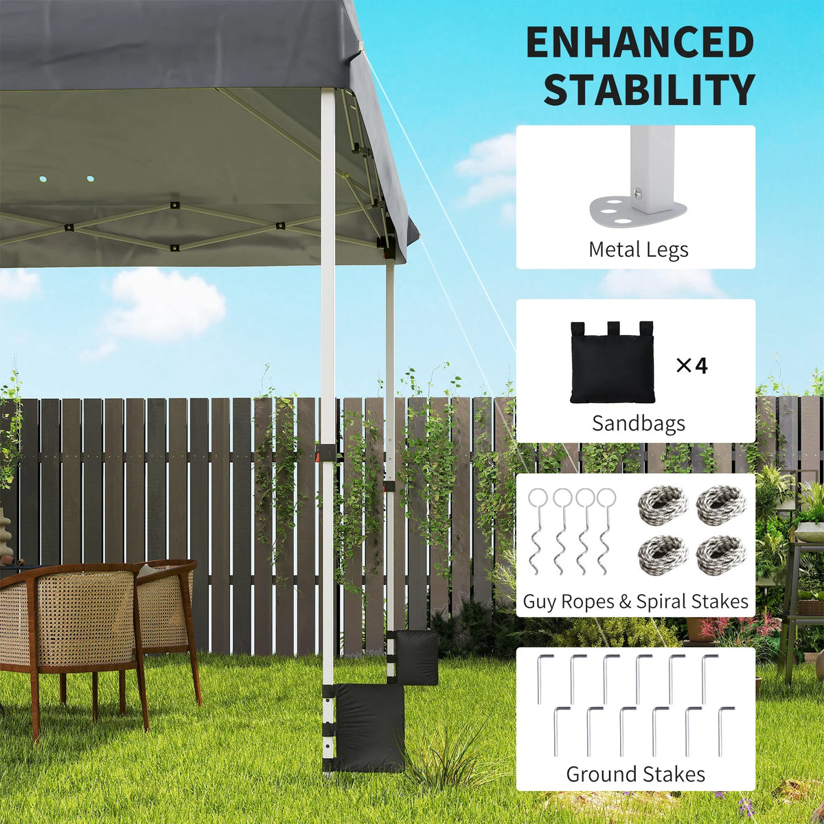 Pop-up gazebo with metal legs plus stability sandbags, ropes, and ground stakes