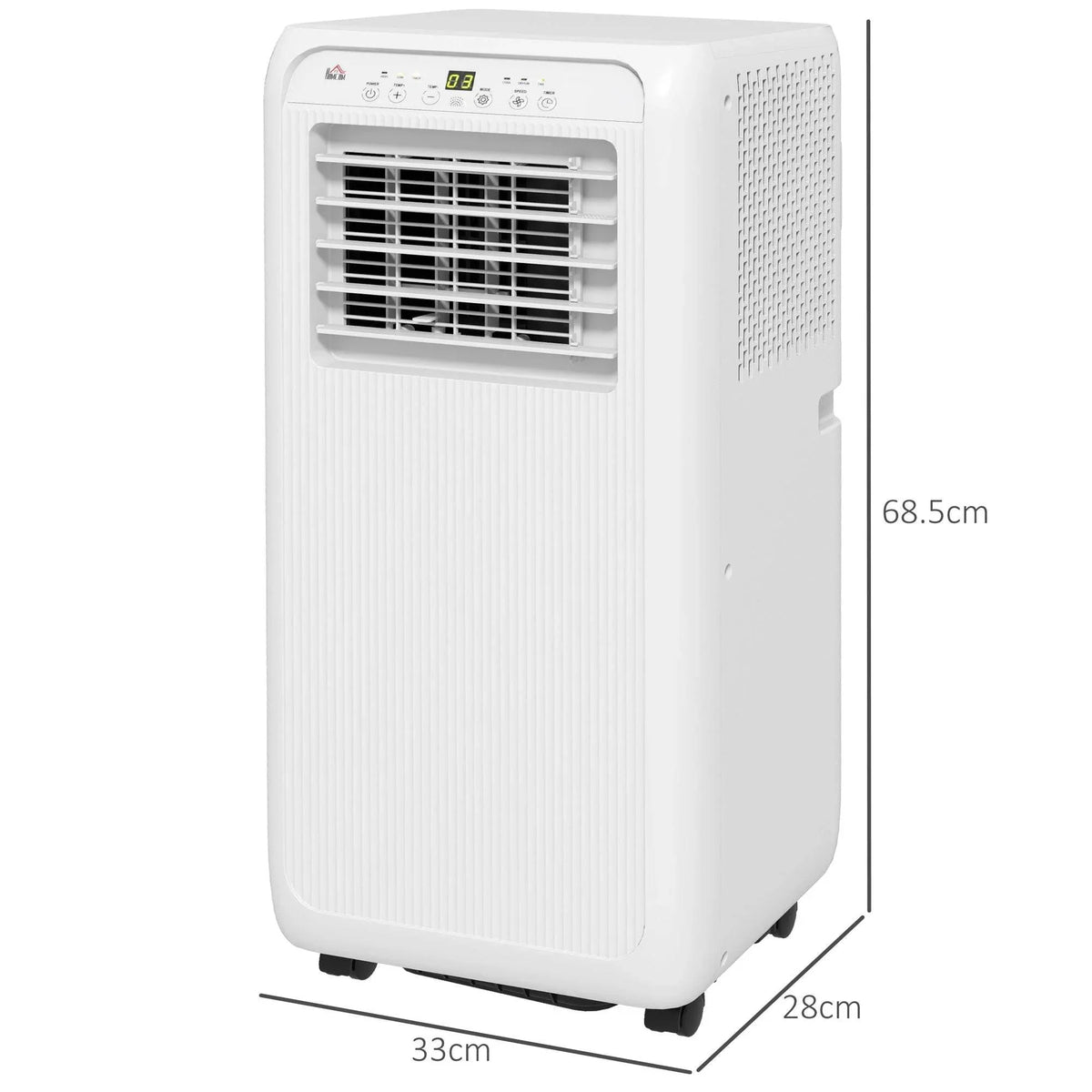 White portable air conditioning unit with front grille, top control panel, and wheels