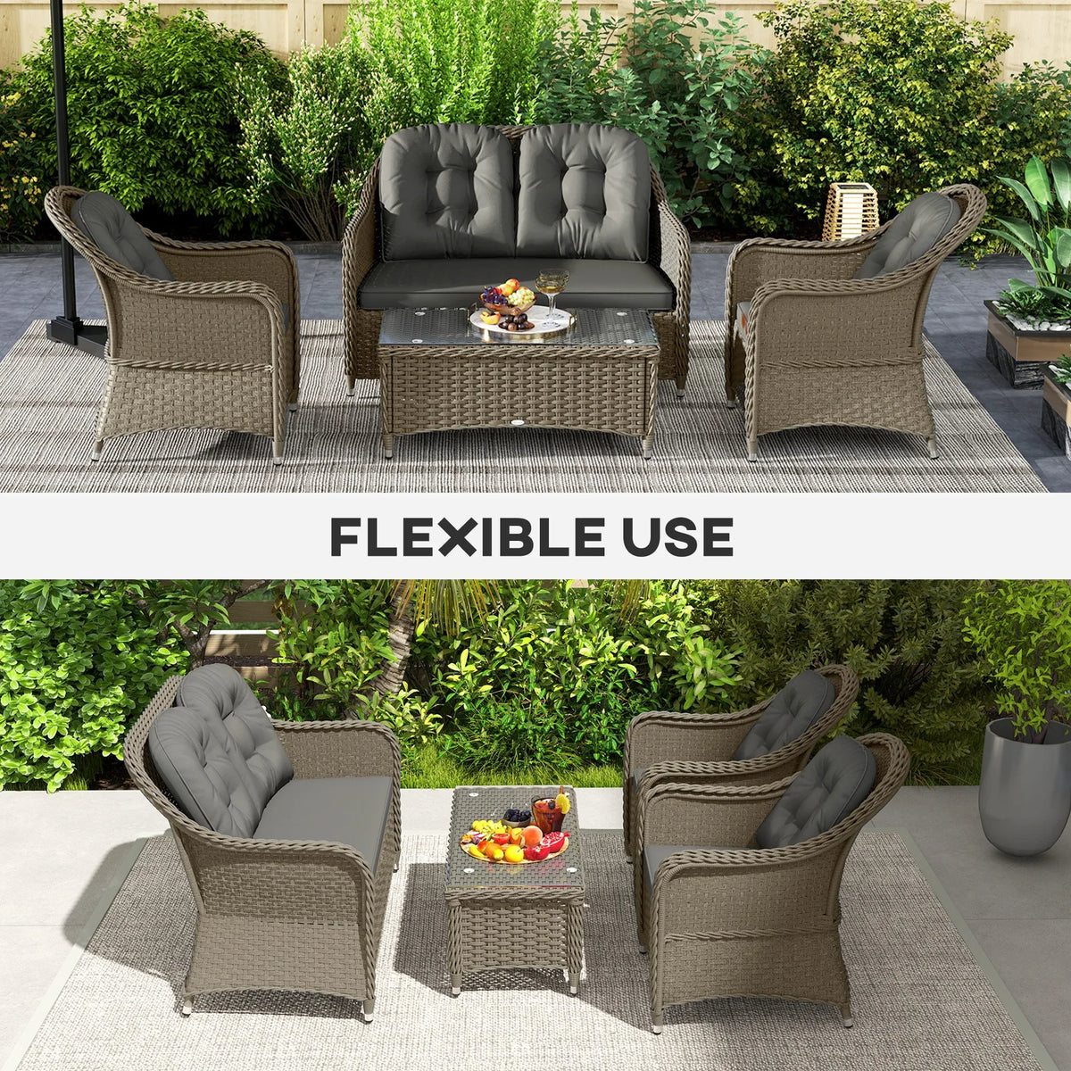 Four-piece outdoor rattan seating set with light gray cushions and glass-top table
