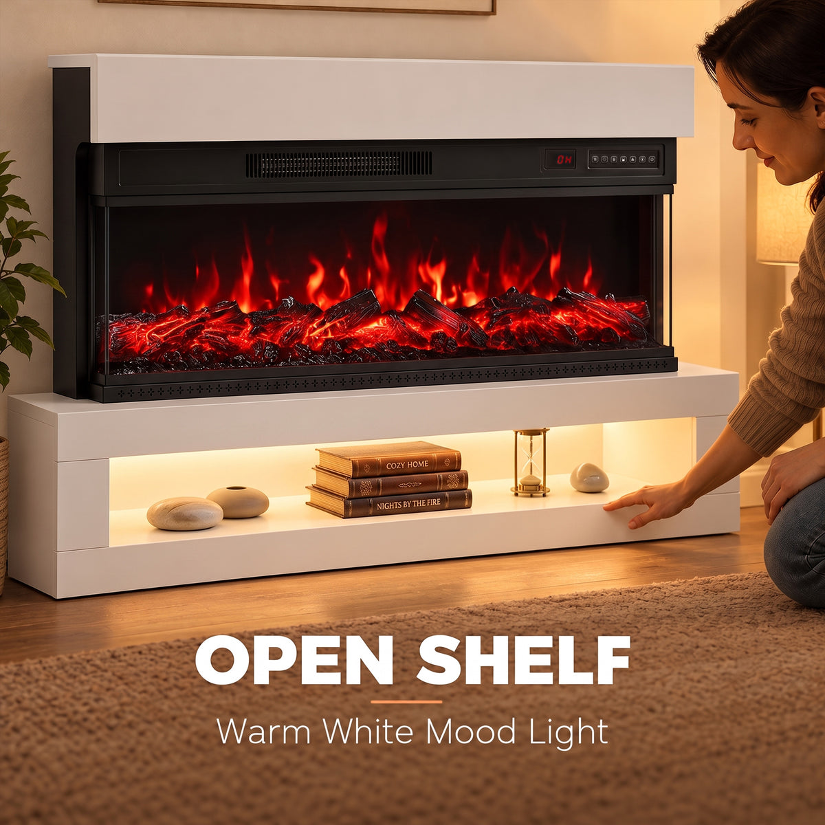 White electric fireplace with open shelf and red flame insert with warm mood light