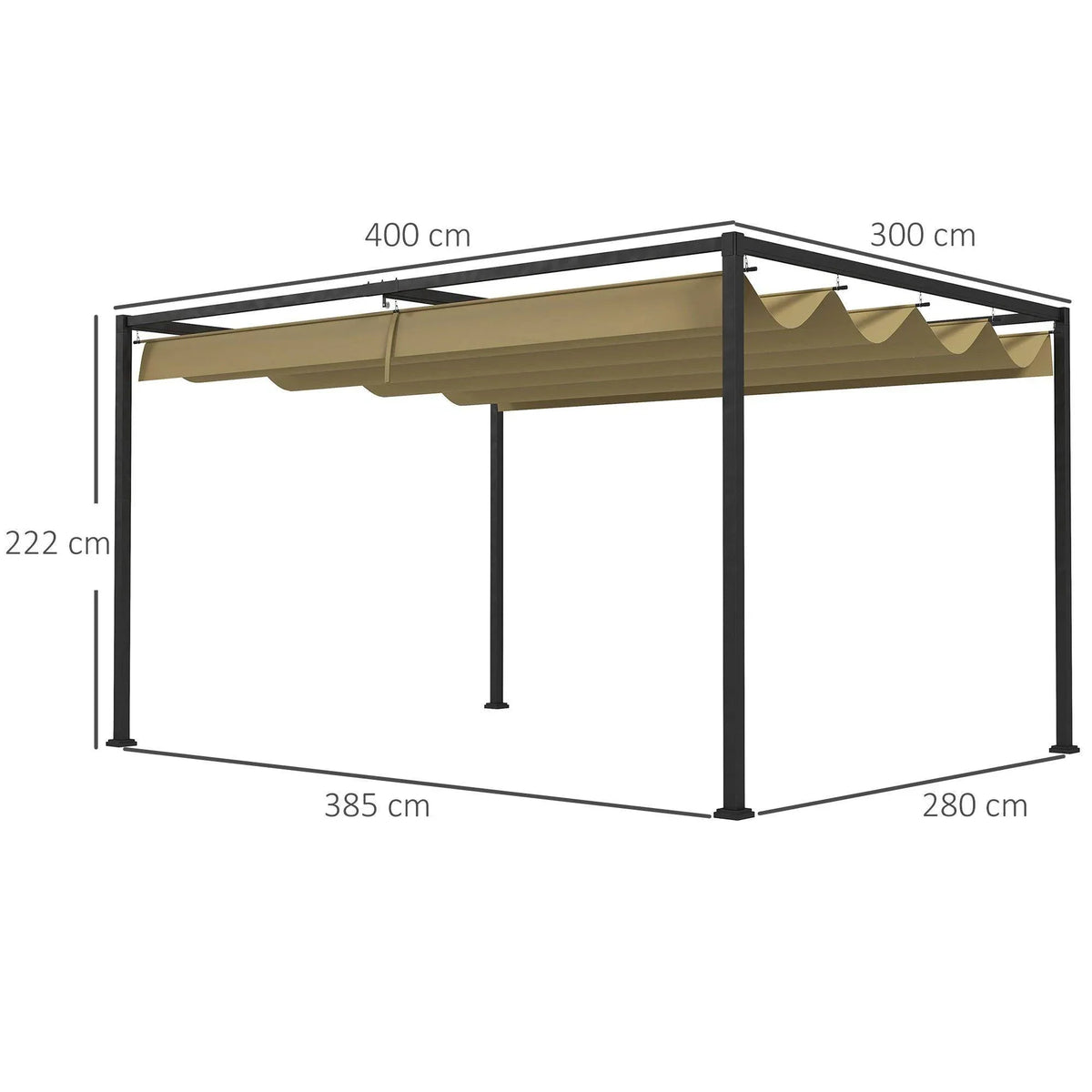 Rectangular metal pergola frame with extended khaki retractable canopy, side view