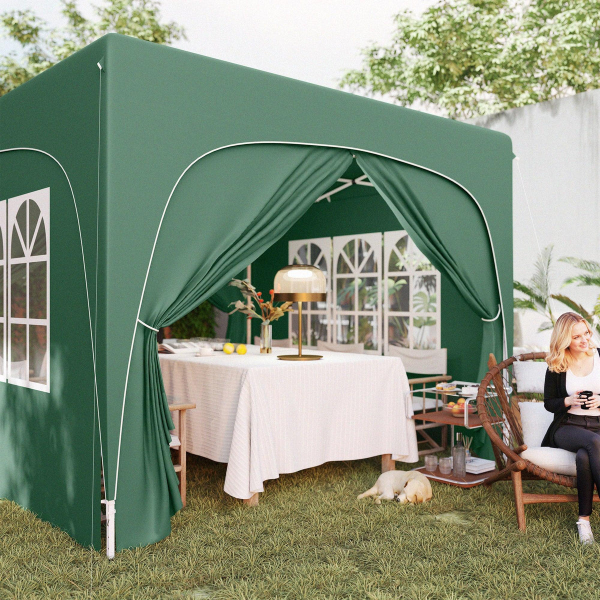 Dark green pop-up gazebo shelter with open front entrance and window panels