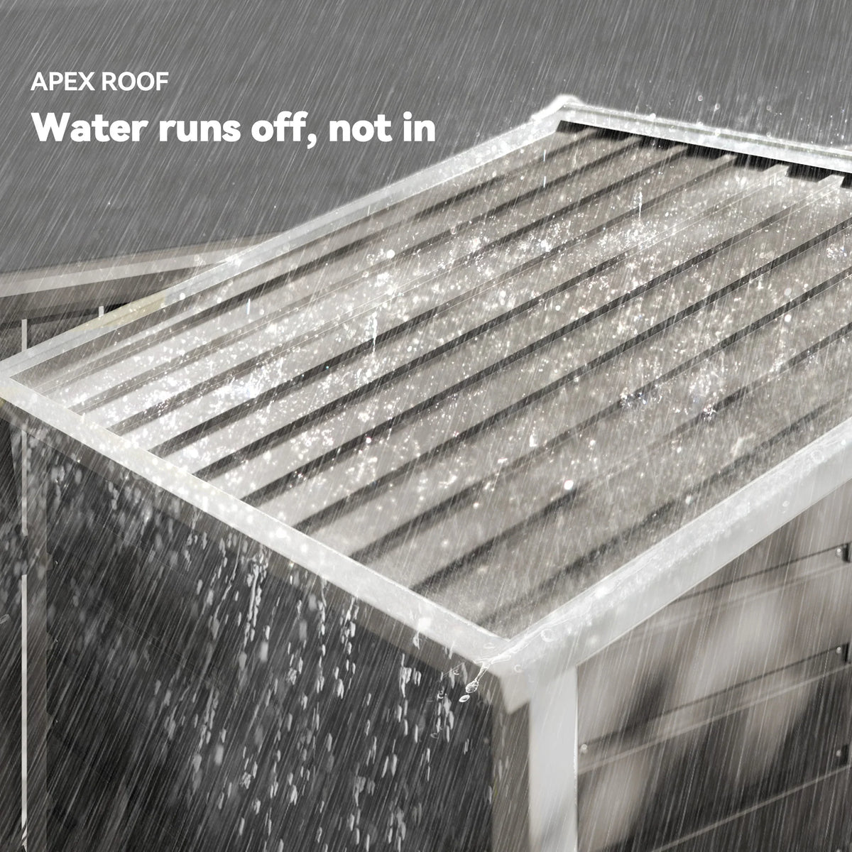 Apex roof of garden shed with sloped metal panels for water runoff