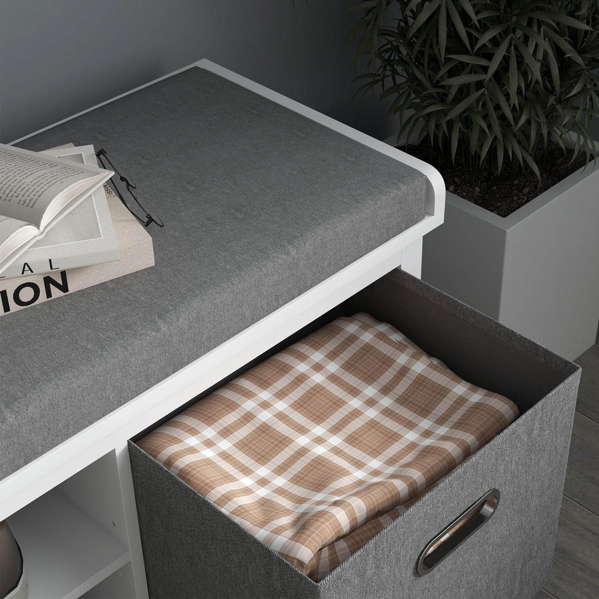 Shoe storage bench open drawer with plaid cushion insert, gray seat and white frame