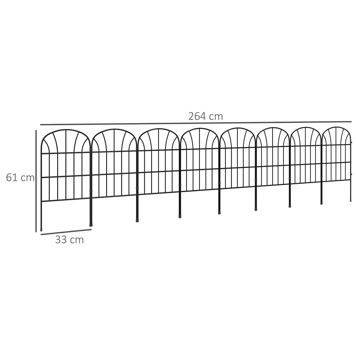 Black metal picket fence panel set with arched grid design and straight feet
