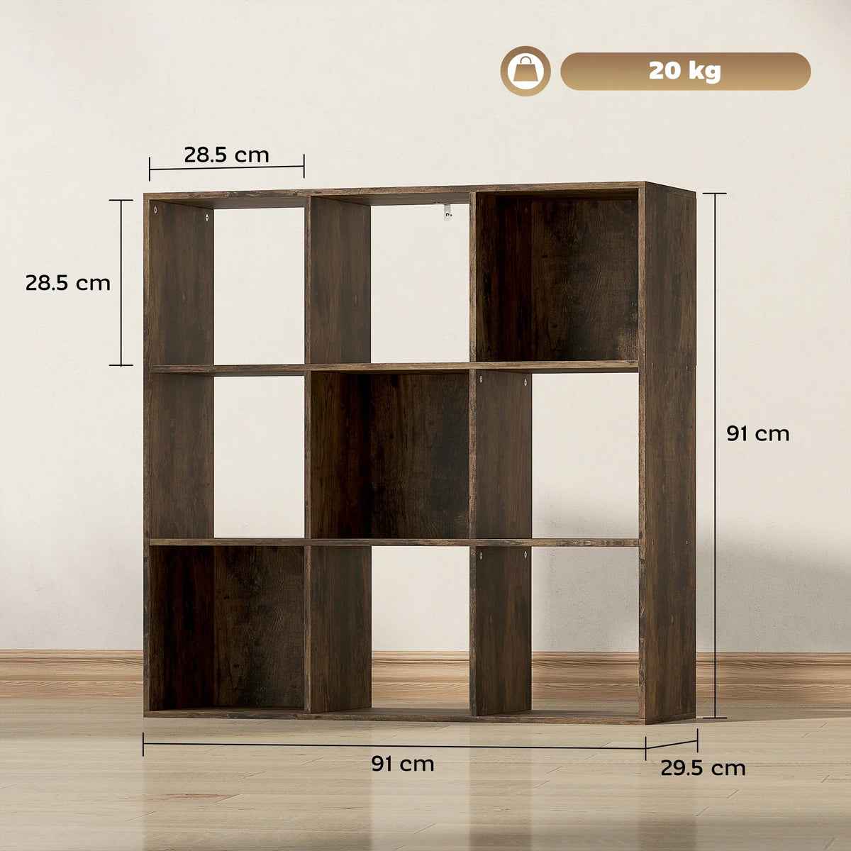Rustic brown 9-cube storage shelf with three-by-three open cubbies