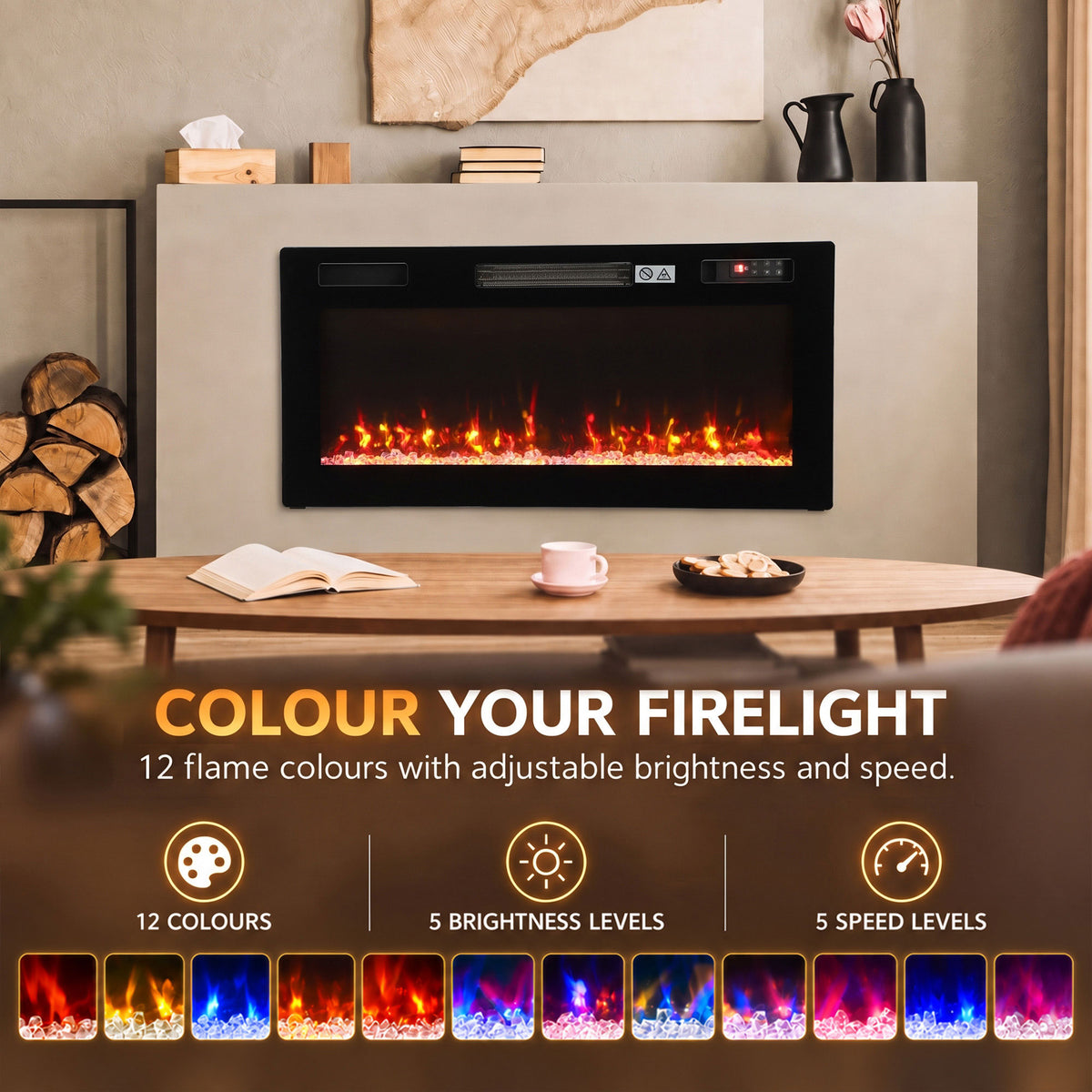 Black electric fireplace with flame window on a console, showing multi-color flames
