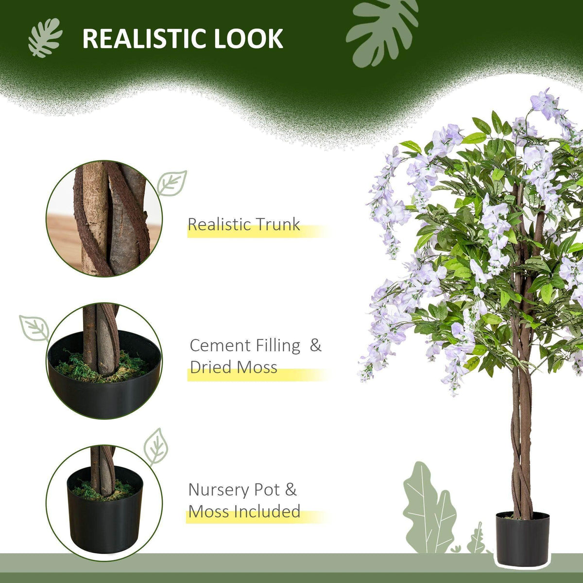 Artificial wisteria plant with lilac and white blossoms, green leaves, and a dark nursery pot
