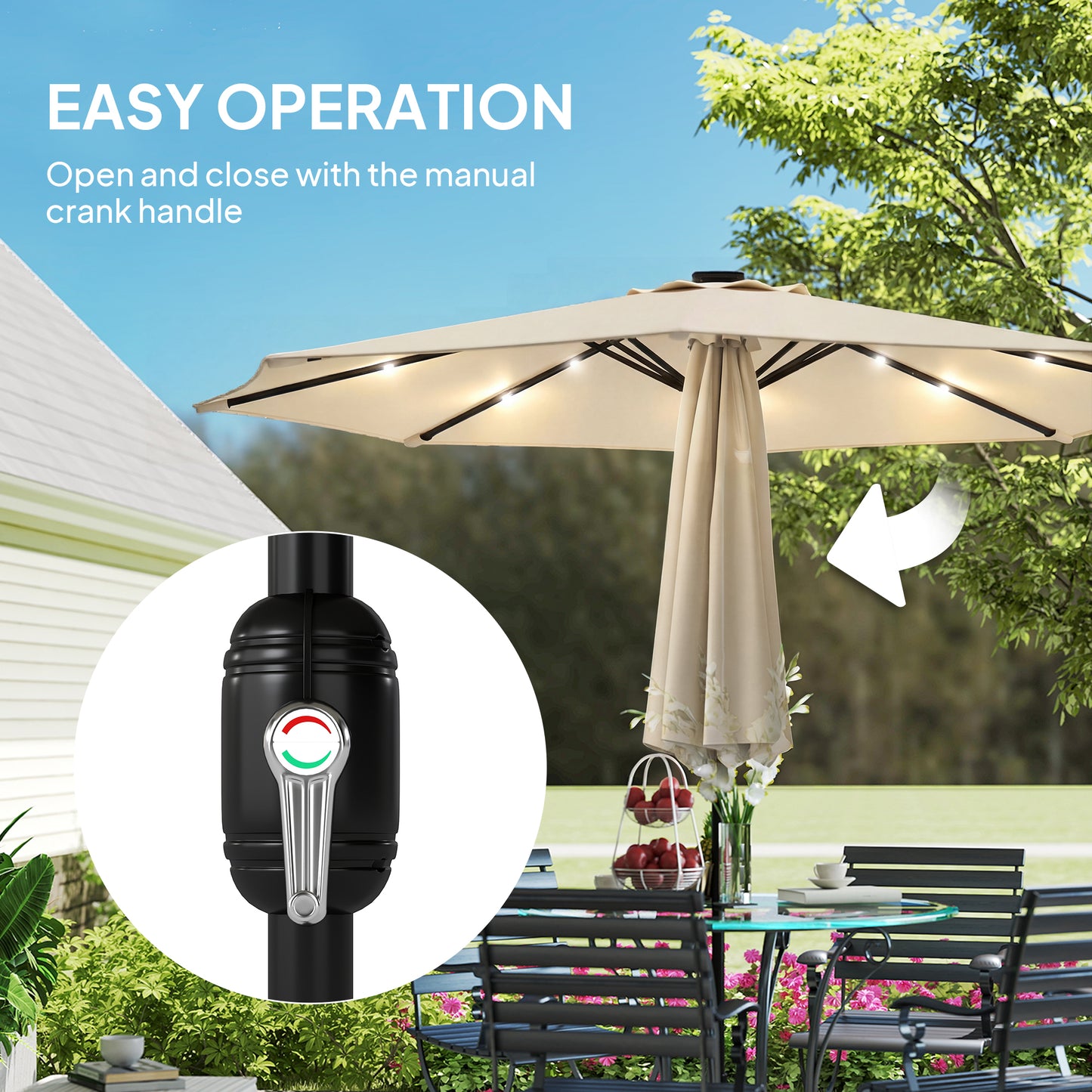 Outsunny 2.6m Garden Parasol Umbrella With LED Solar Light And Parasol Cover Beige For Outdoor Patio