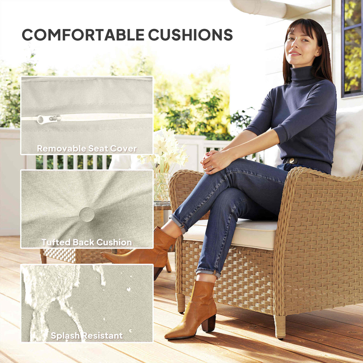 Outsunny beige PE rattan armchair with high-back cushion and seat cushion