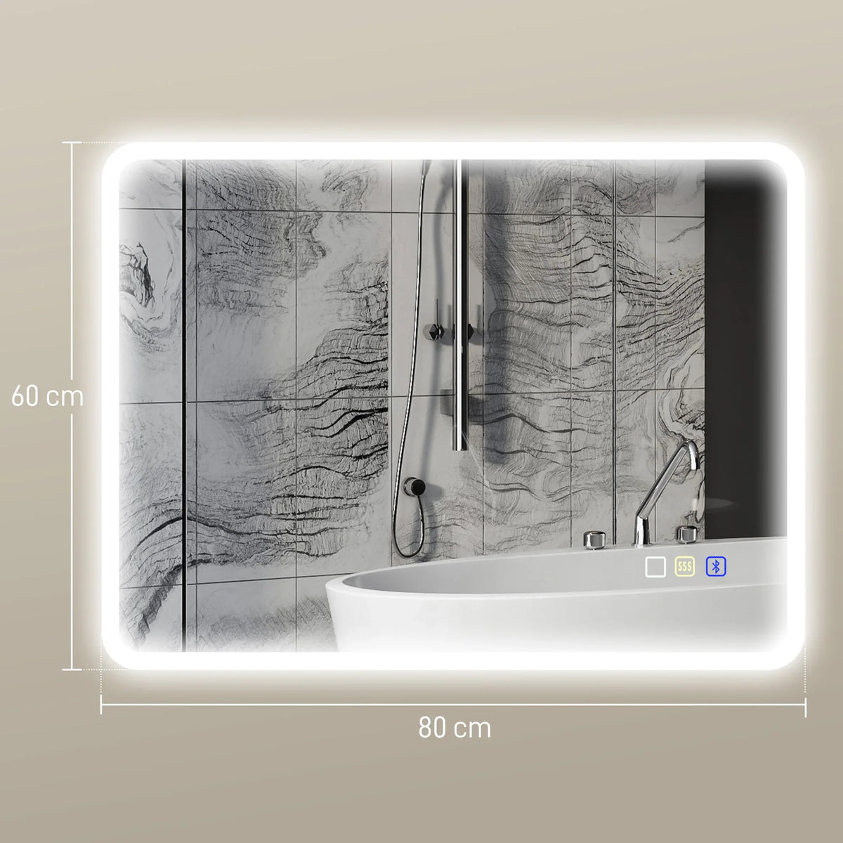 Wall-mounted LED bathroom mirror with bright backlit frame and clear reflective view