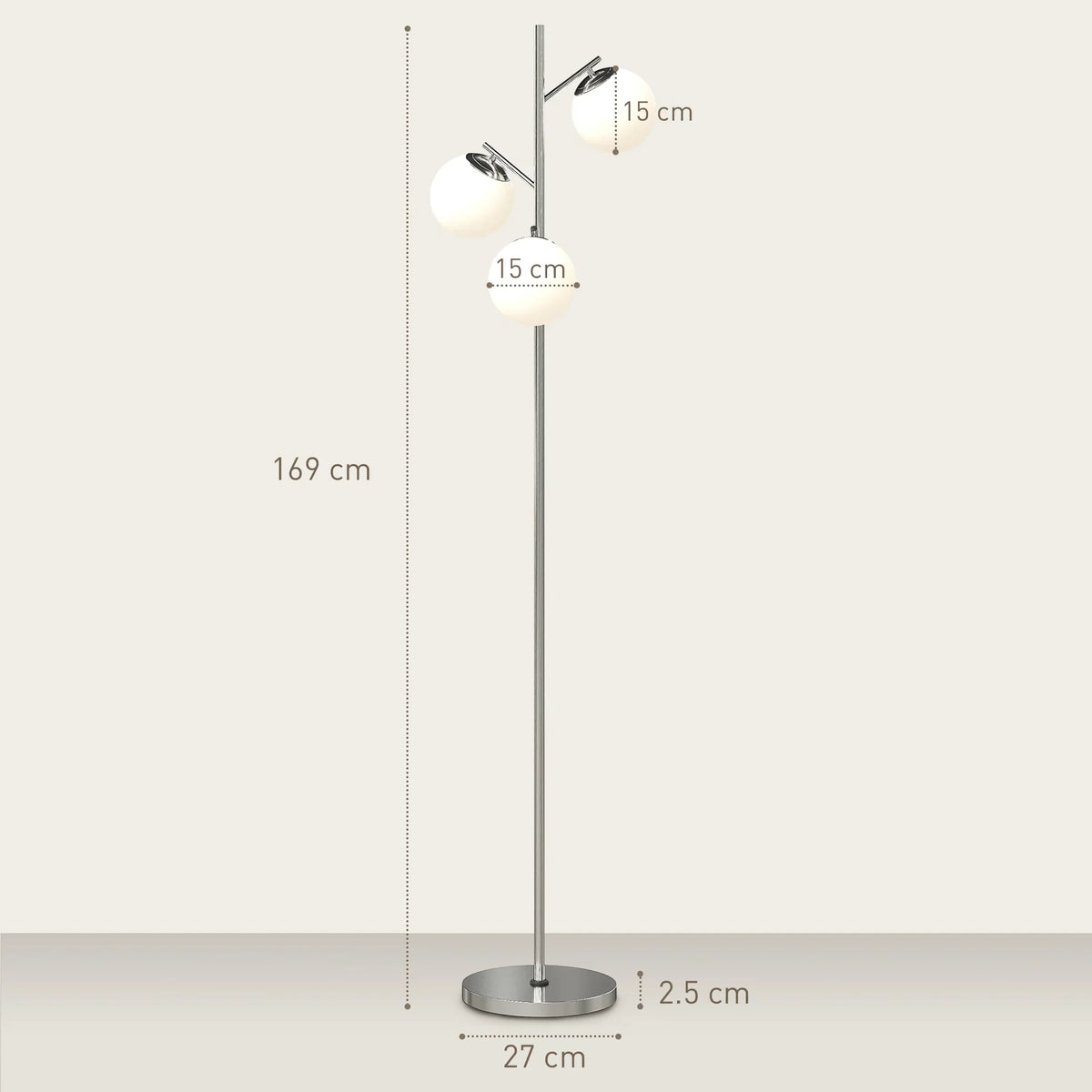 Silver 3-light globe tree floor lamp with diagram showing height and base size.