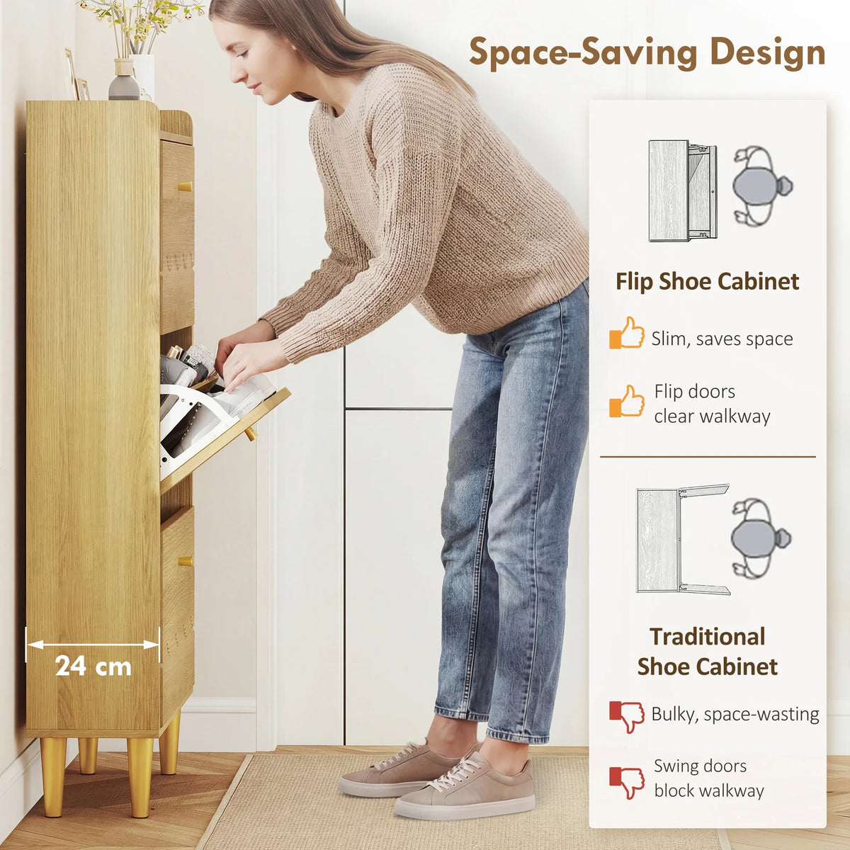 Space-saving slim shoe cabinet with flip drawers and oak finish for hallway storage