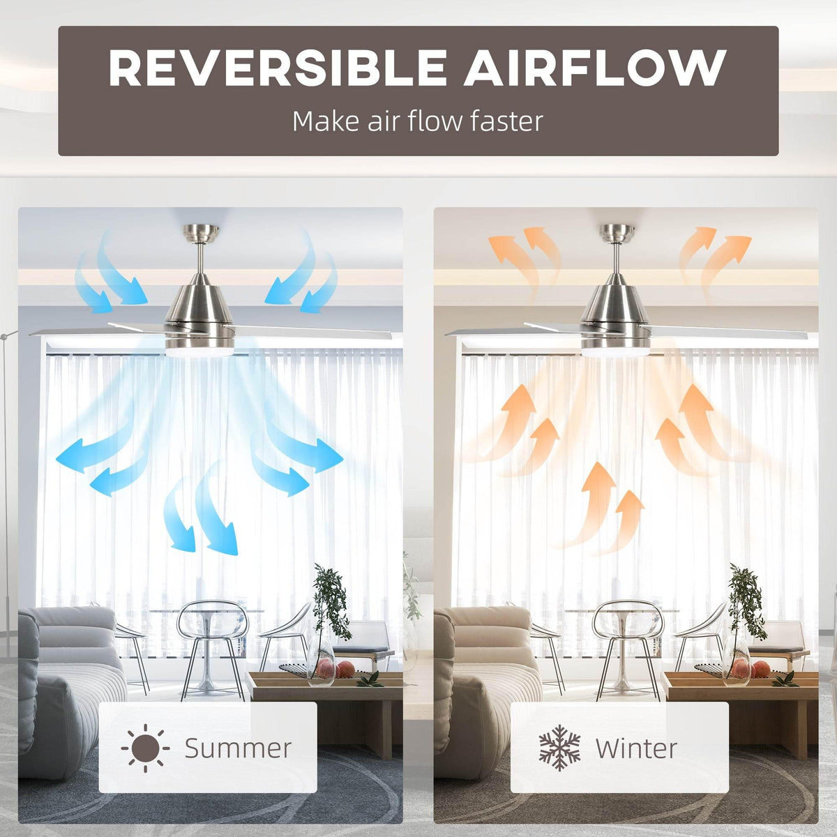 Silver ceiling fan with five blades and white LED light, side-by-side airflow views