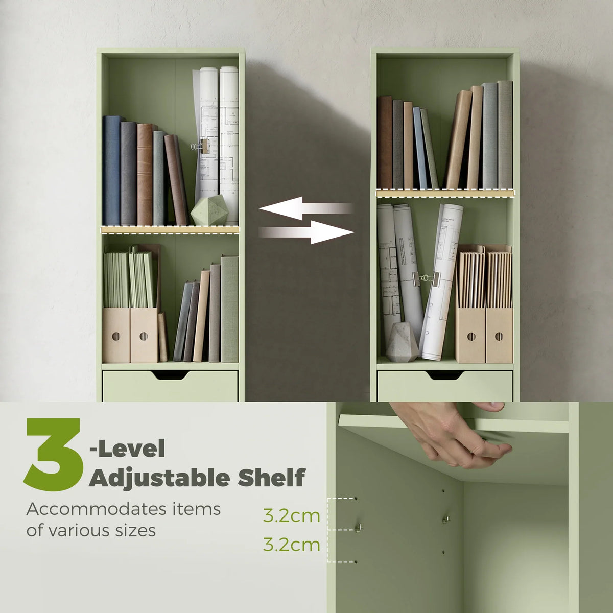 Green bookcase with adjustable internal shelves, open compartments and cabinet door