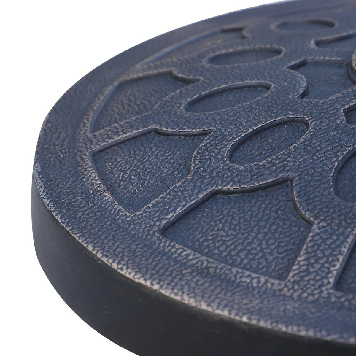 Round dark blue resin umbrella base with textured decorative pattern on top