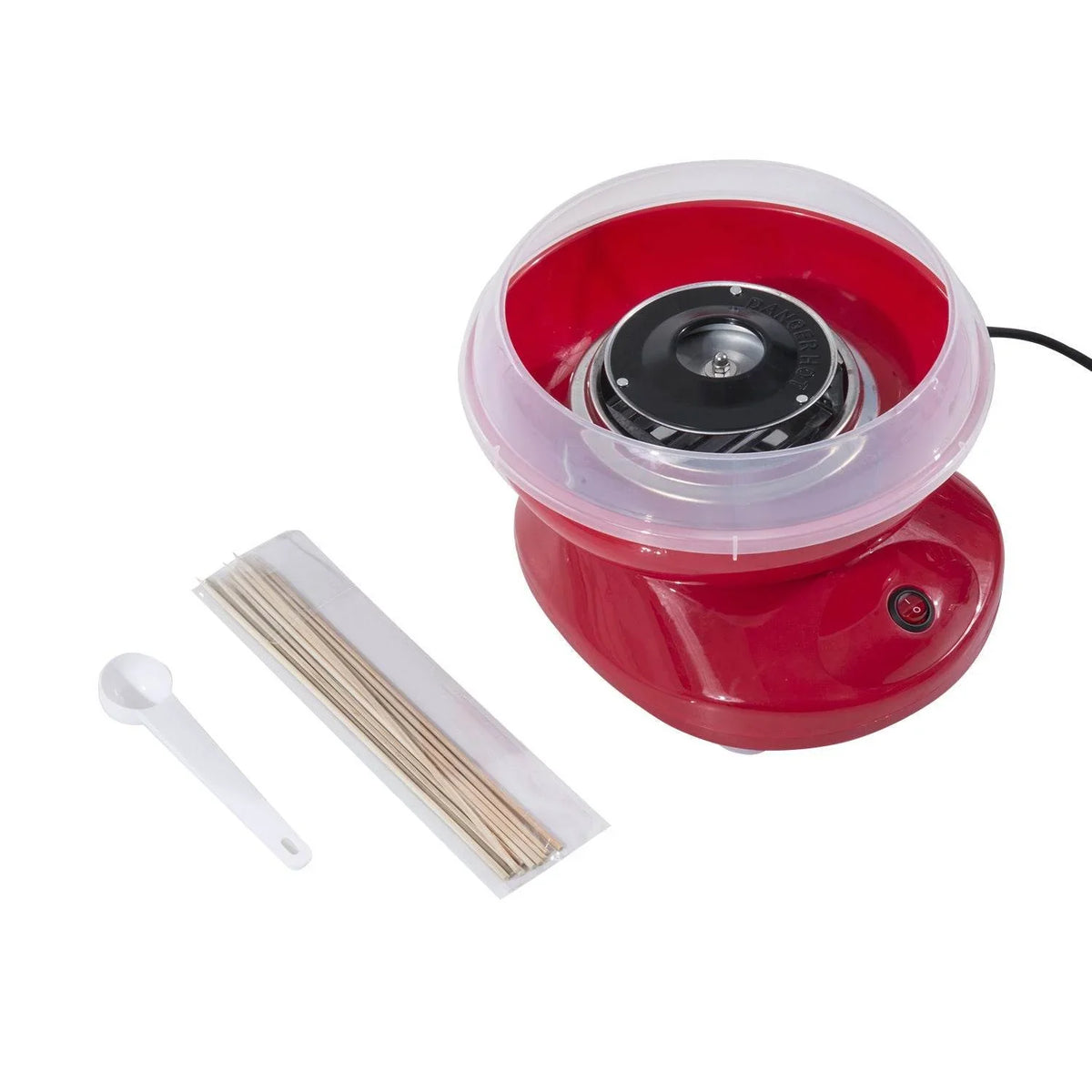 Red electric cotton candy maker with bamboo sticks, scoop, and clear bowl