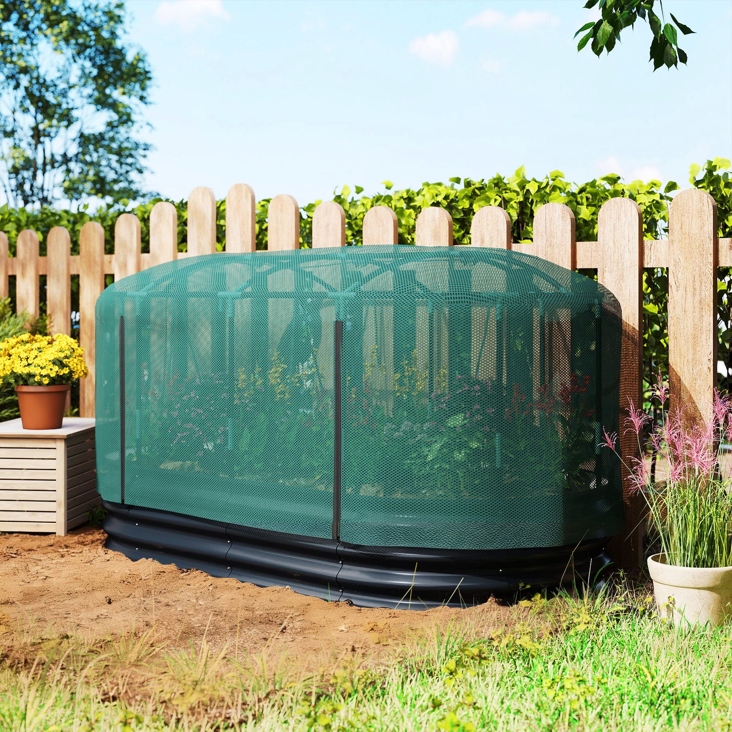 Outsunny Galvanised Raised Garden Bed Kit With Self Watering System Mesh Cover HDPE Cage 6x3Ft Dark Grey Green