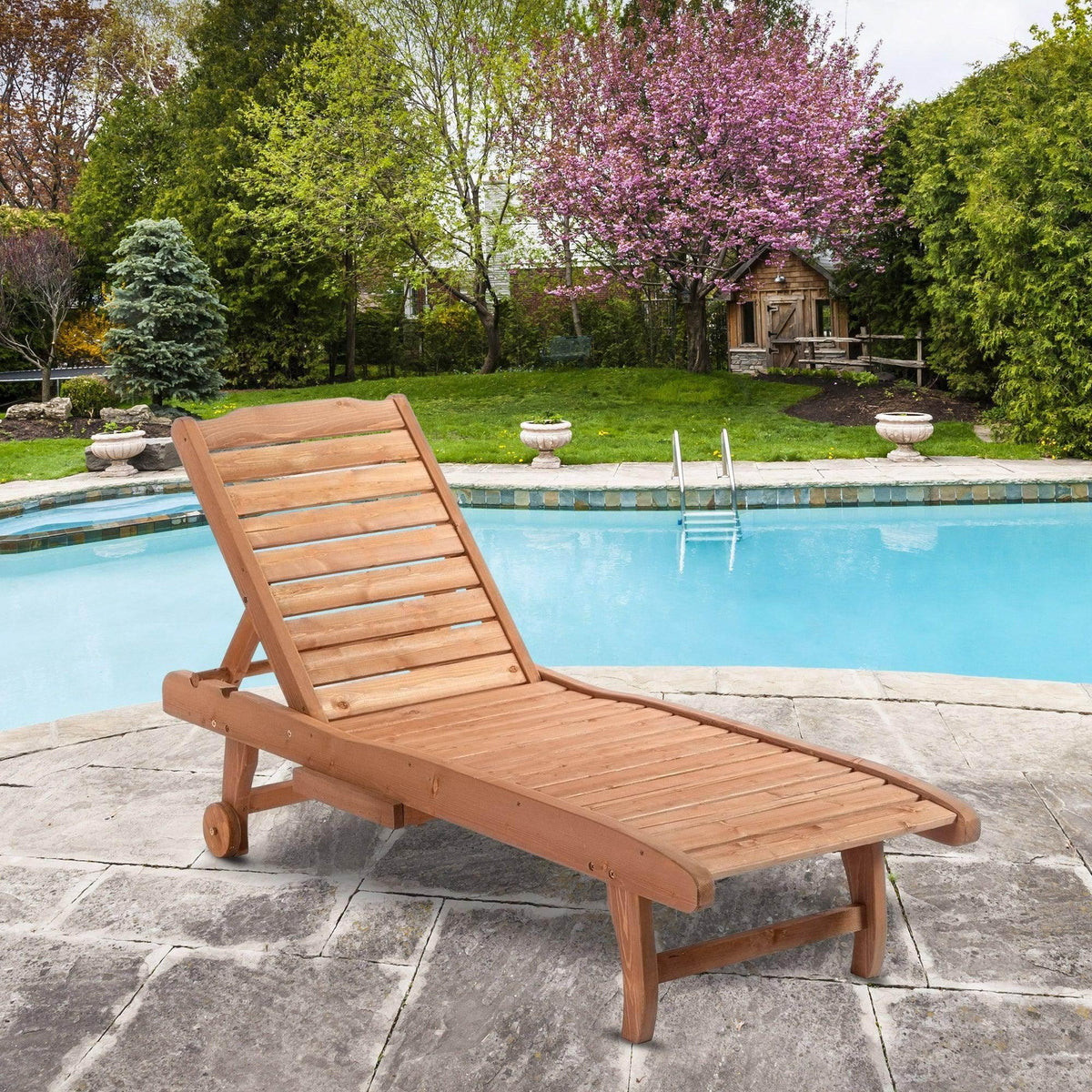 Outdoor wooden lounger chair with adjustable backrest, slatted seat, on wheels