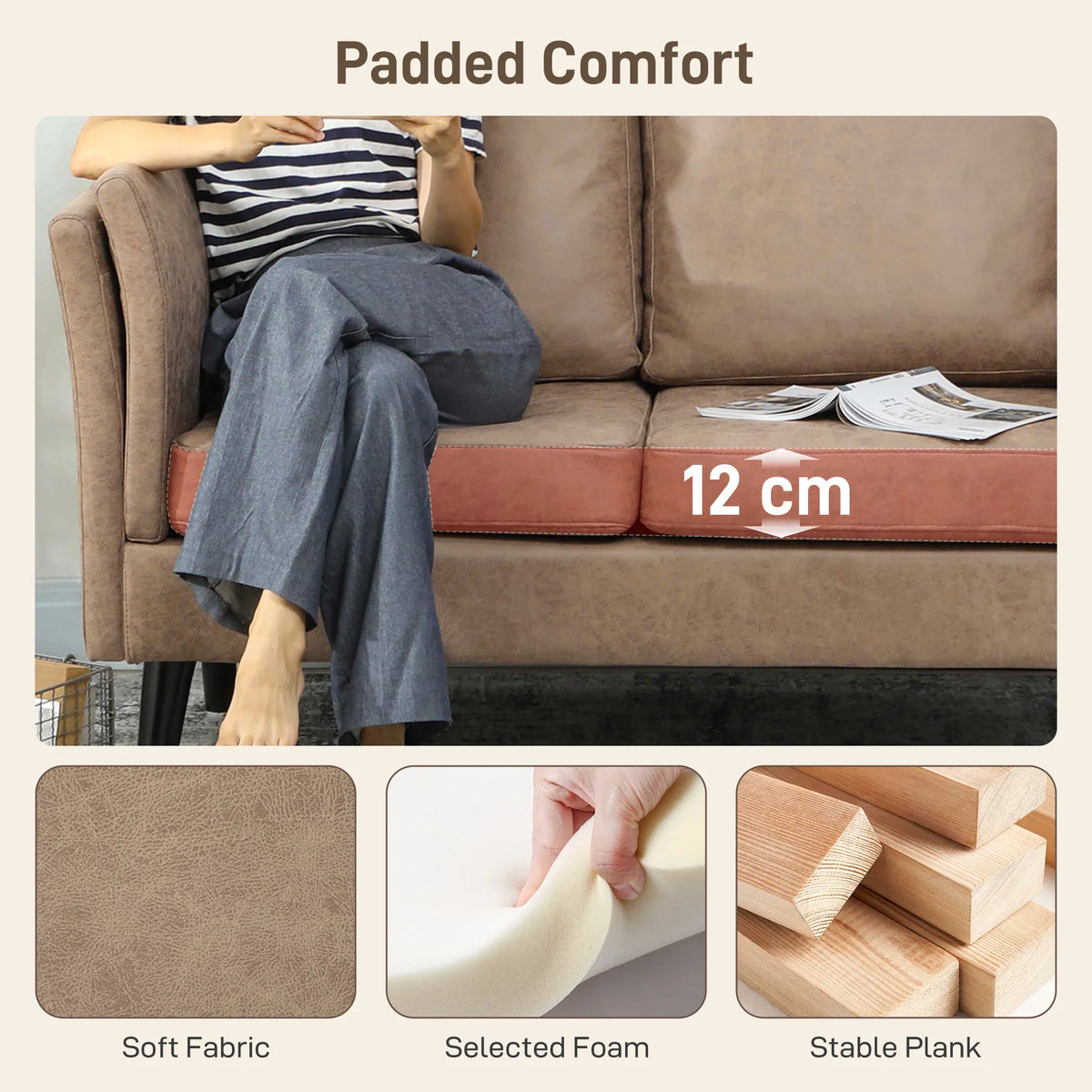 Light brown two-seater sofa loveseat with padded seat and armrests