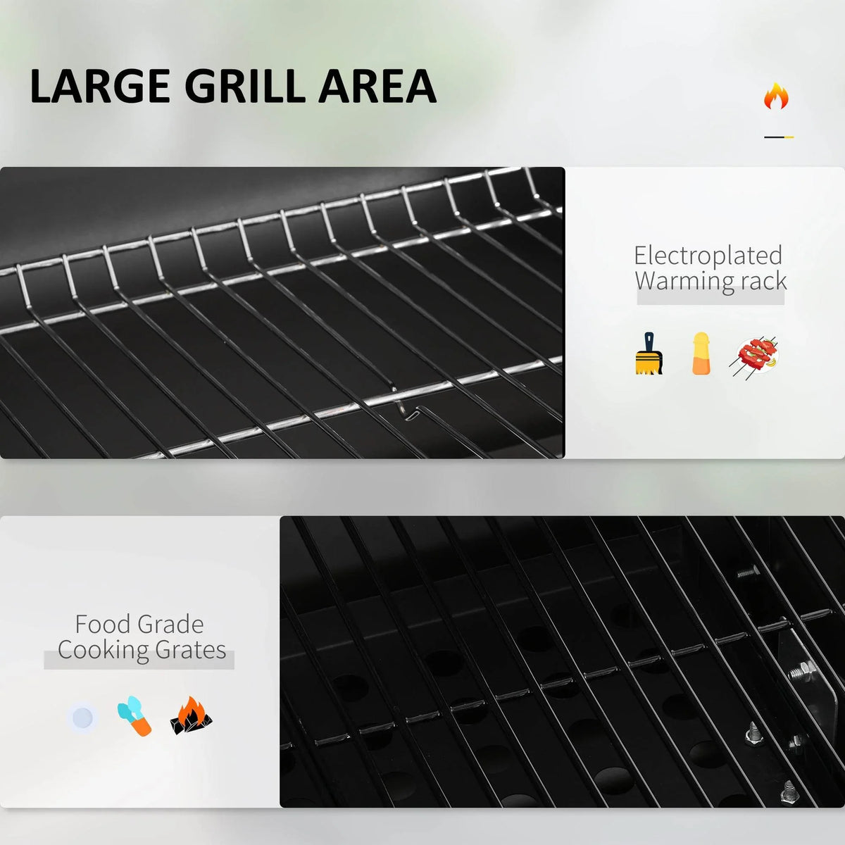 Black cooking grate and warming rack over grill firebox for large grill area.