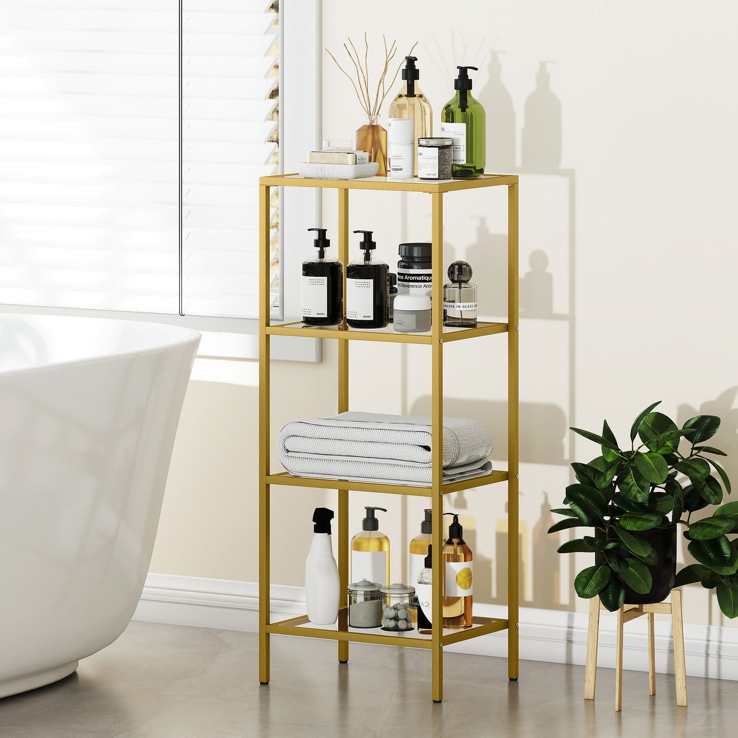 HOMCOM 4 Tier Glass Shelving Unit Gold Tone Vertical Storage for Living Room Home Office Bedroom Bathroom