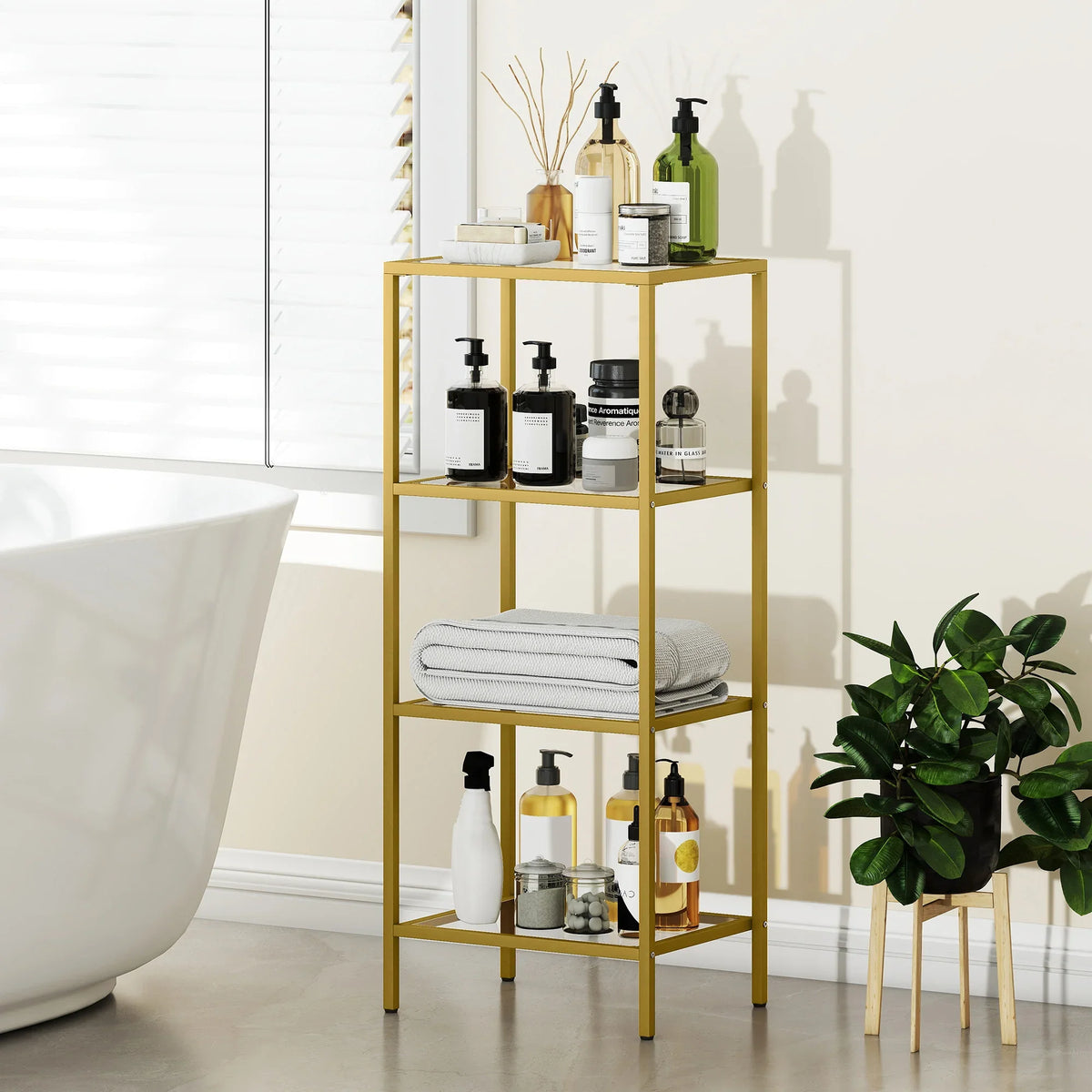 Gold-tone 4-tier glass shelving unit with glass shelves for bottles and towels
