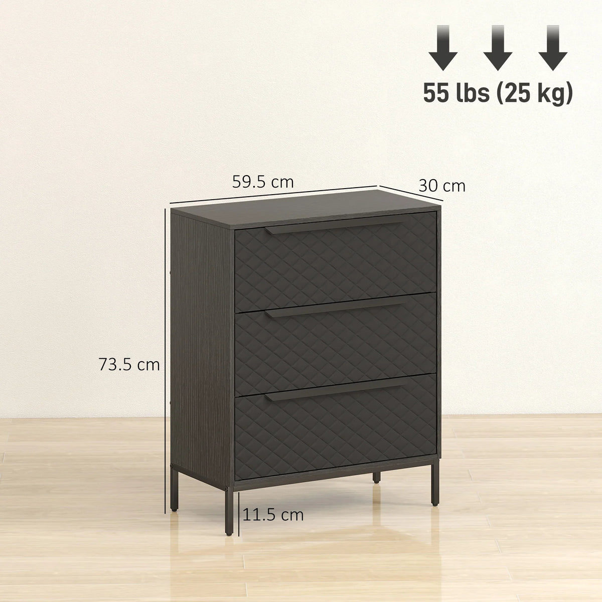 Black fabric chest of drawers, 3-drawer cabinet on slim metal legs, side view