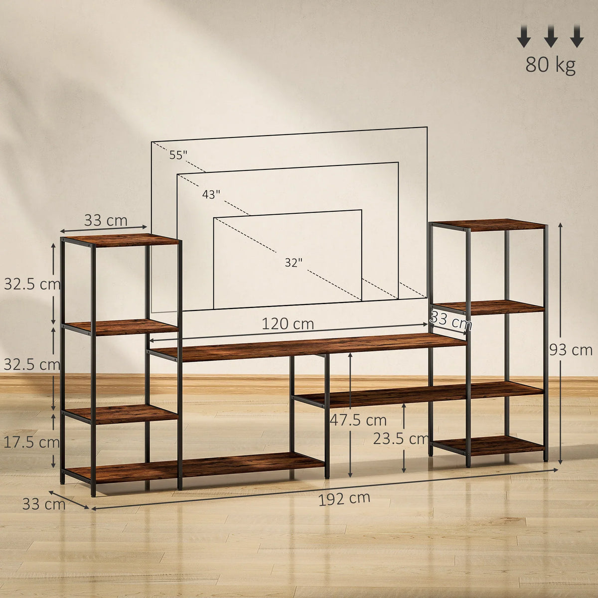Industrial TV console dimensions diagram with wood shelves and black metal frame