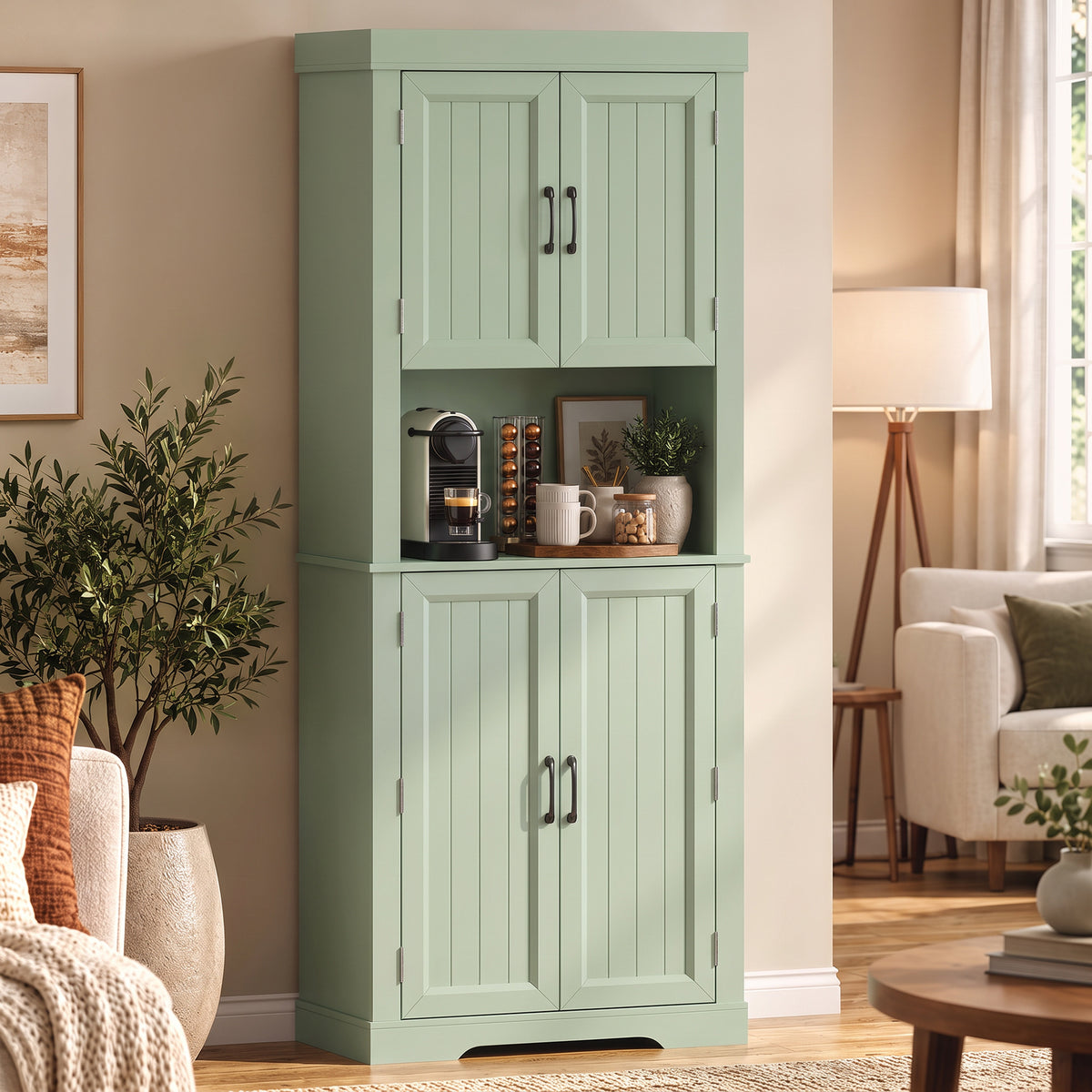 Sage green tall cabinet with top and bottom doors, open middle niche for coffeeware