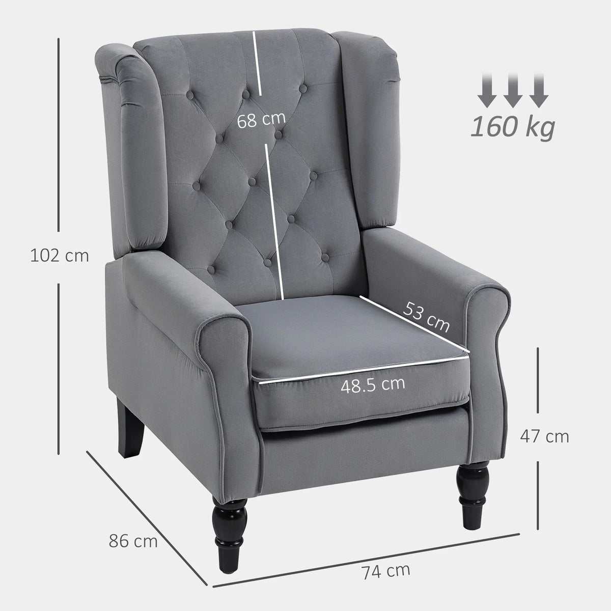 Light gray upholstered wingback accent chair with tufted back and square seat