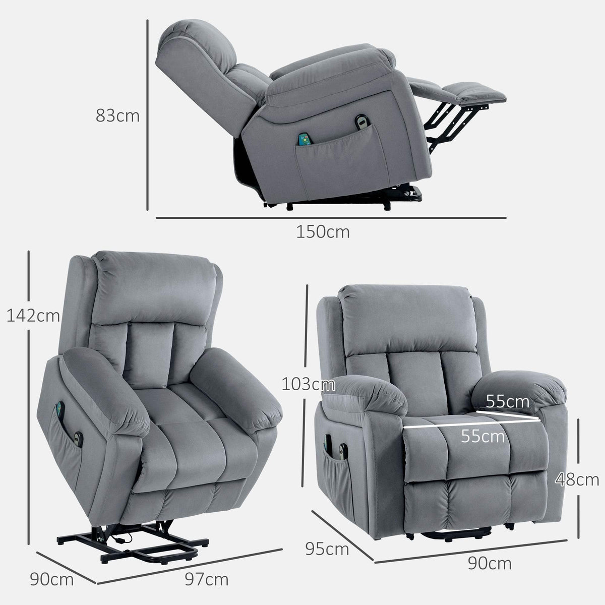 Grey lift recliner armchair shown from the side with adjustable footrest platform