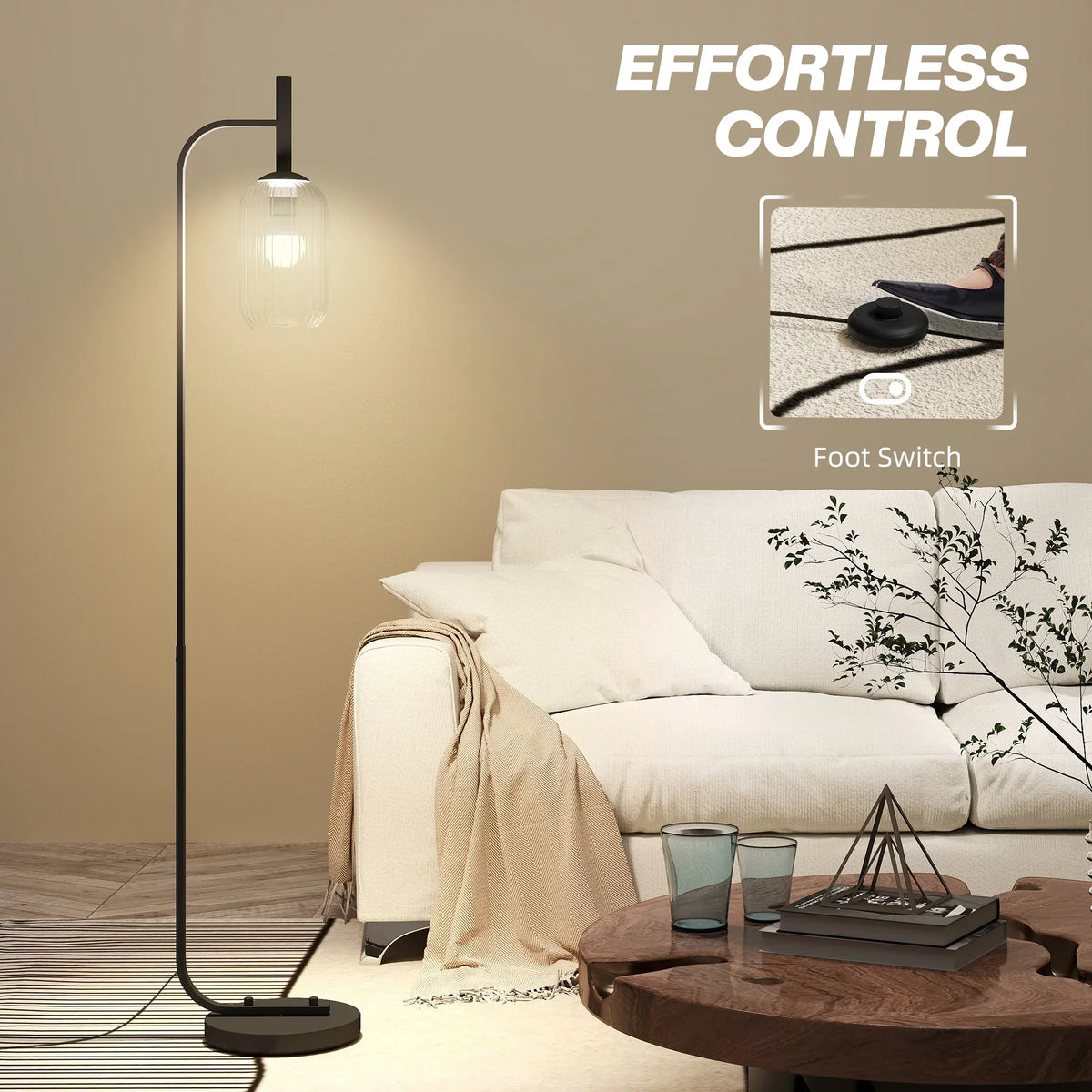 Black floor lamp with clear glass shade and foot switch, minimalist modern standing light