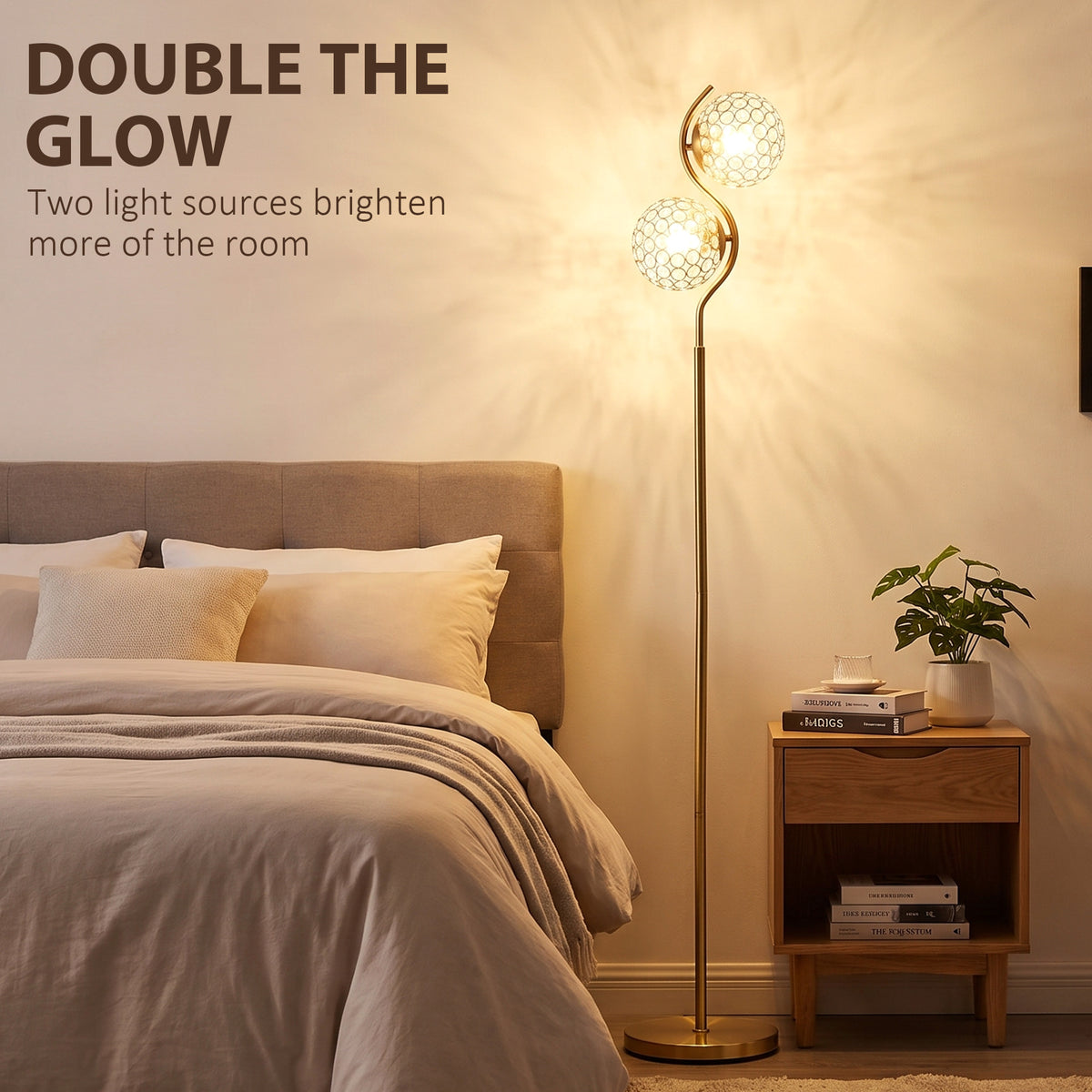 Dual head floor lamp with two glowing crystal globe shades on gold stand and base