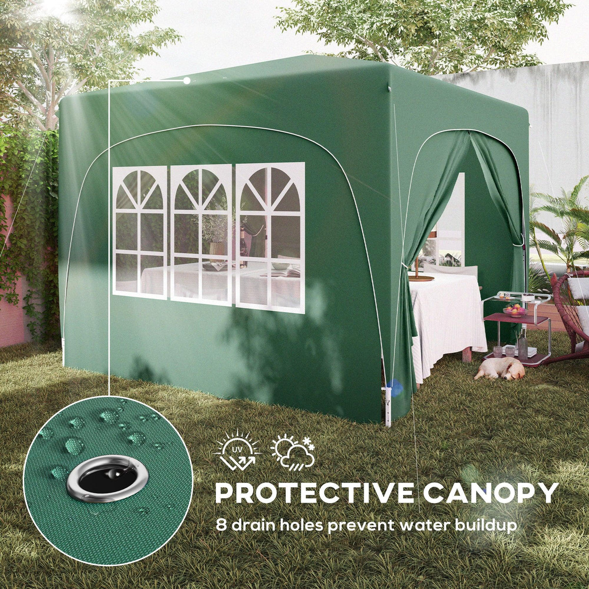 Dark green protective canopy roof with drainage grommet detail