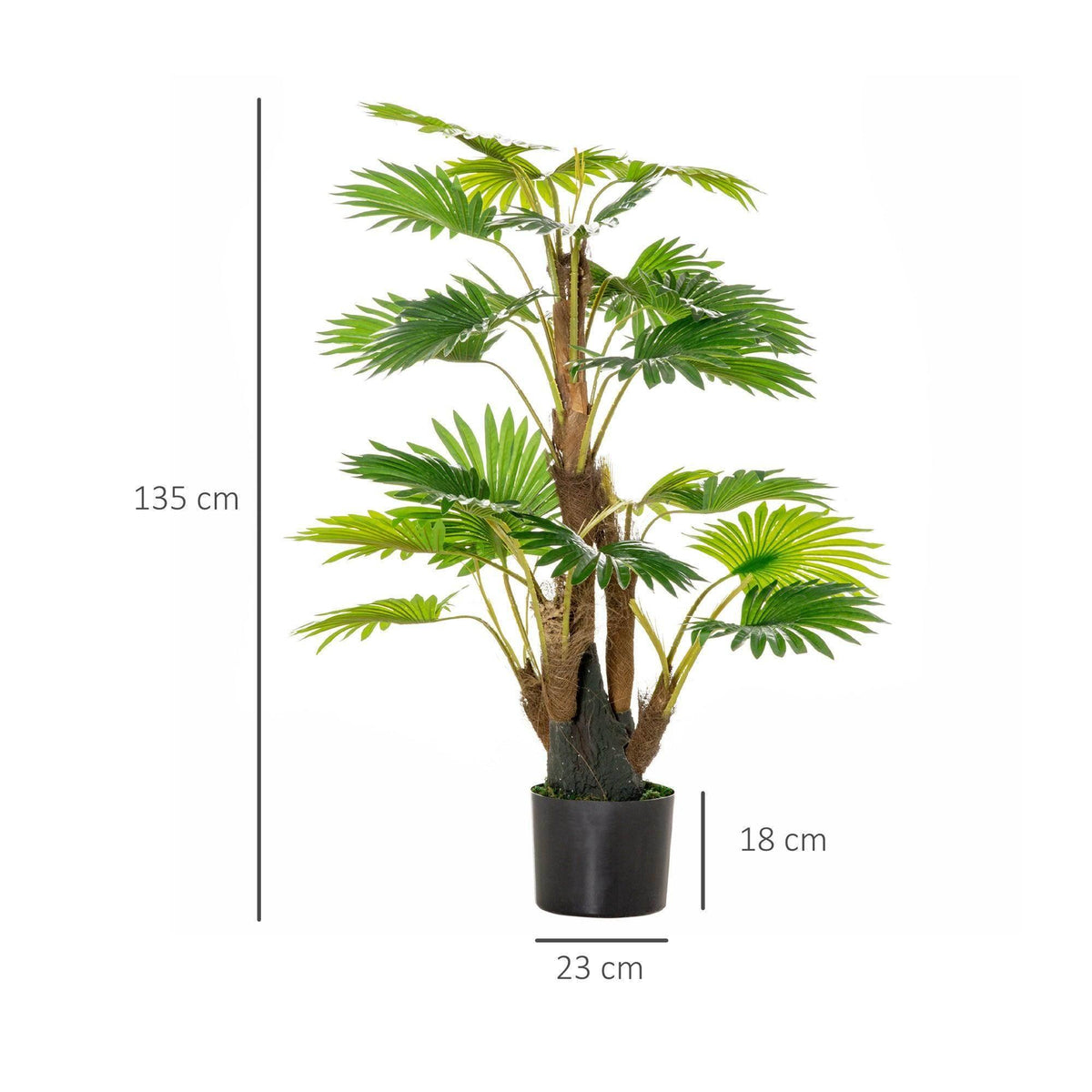 Artificial palm tree in a black pot with green leaves; size shown as 135 cm tall.