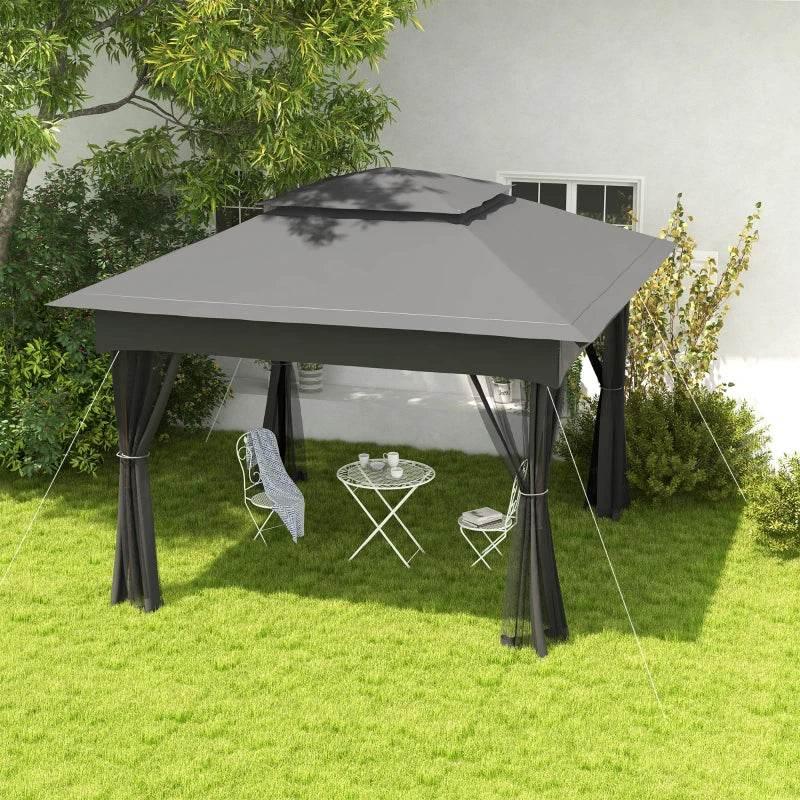Dark grey pop-up gazebo with mesh side curtains and double-roof canopy
