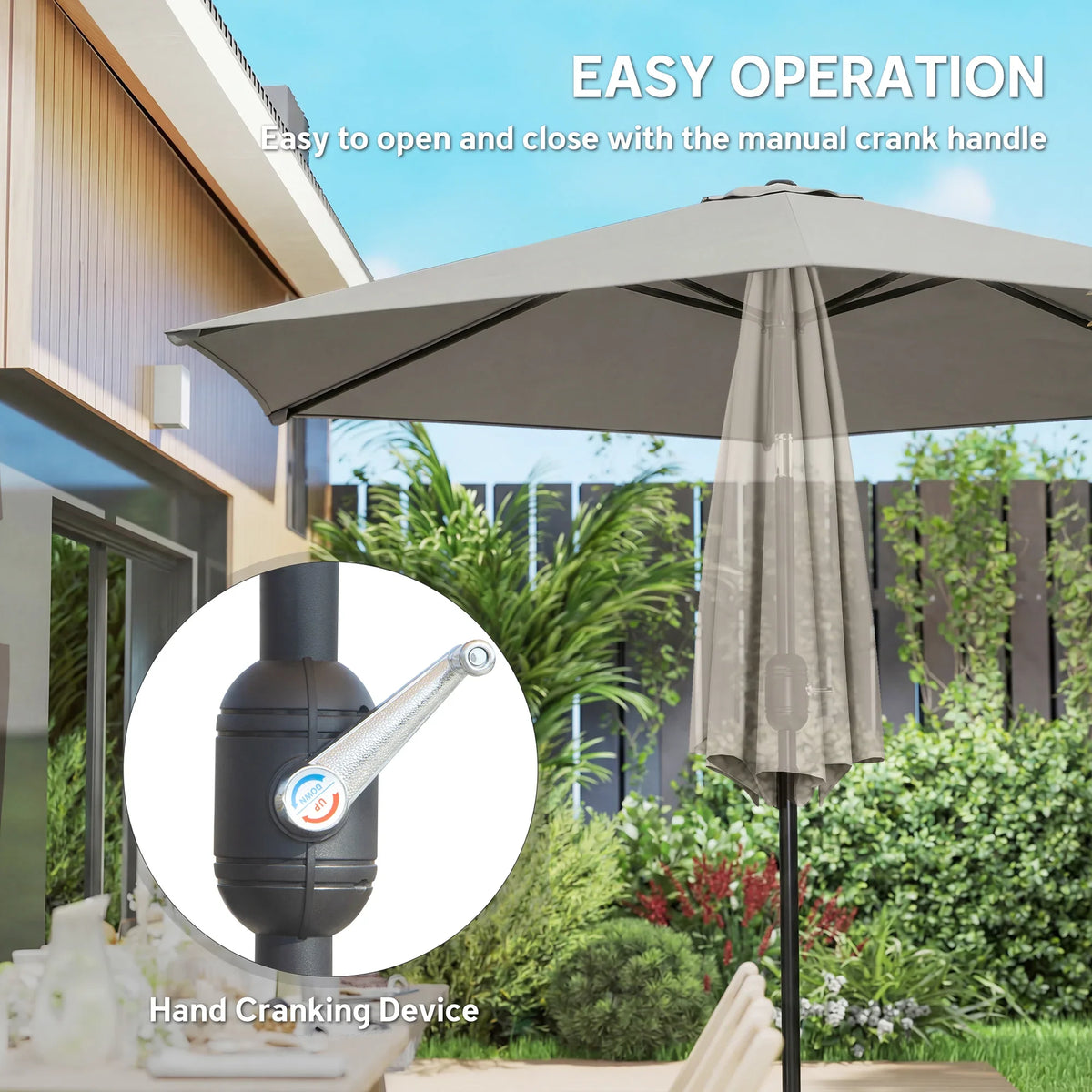 Light grey patio parasol with manual crank handle and adjustable tilt canopy