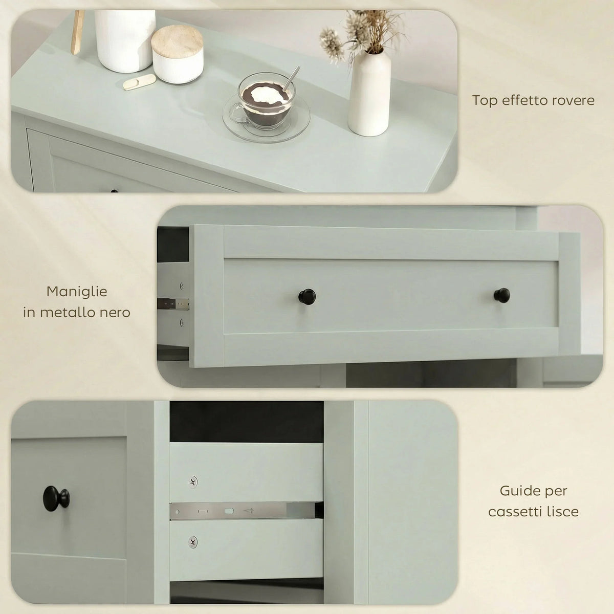 Sideboard with black metal knob handles and built-in drawer and cabinet tracks
