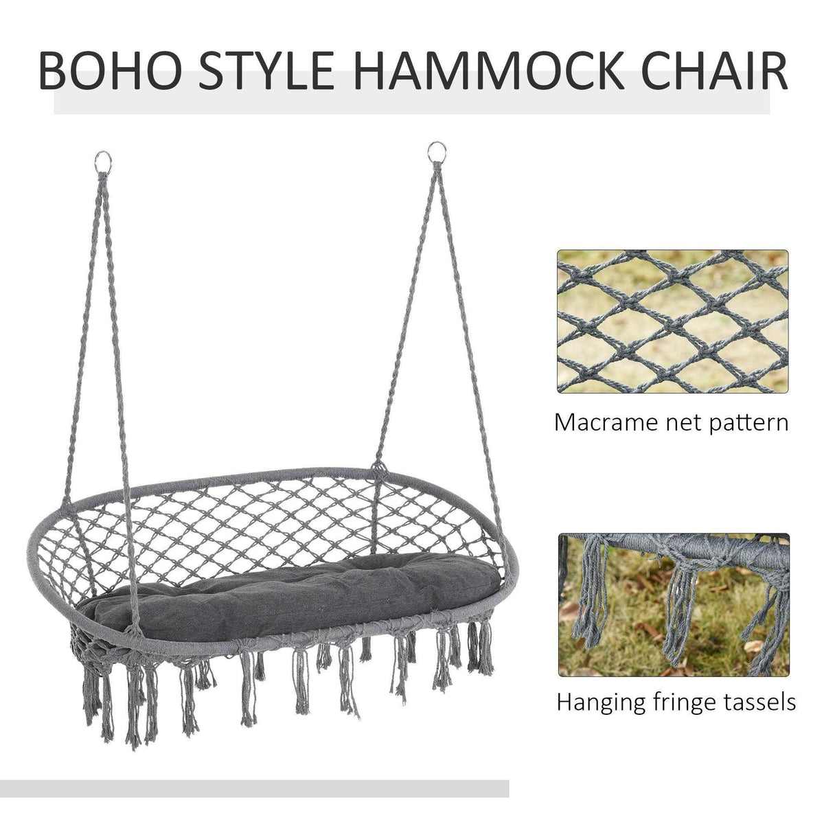 Dark grey rope hammock chair with oval macrame net, fringed tassels, and cushion
