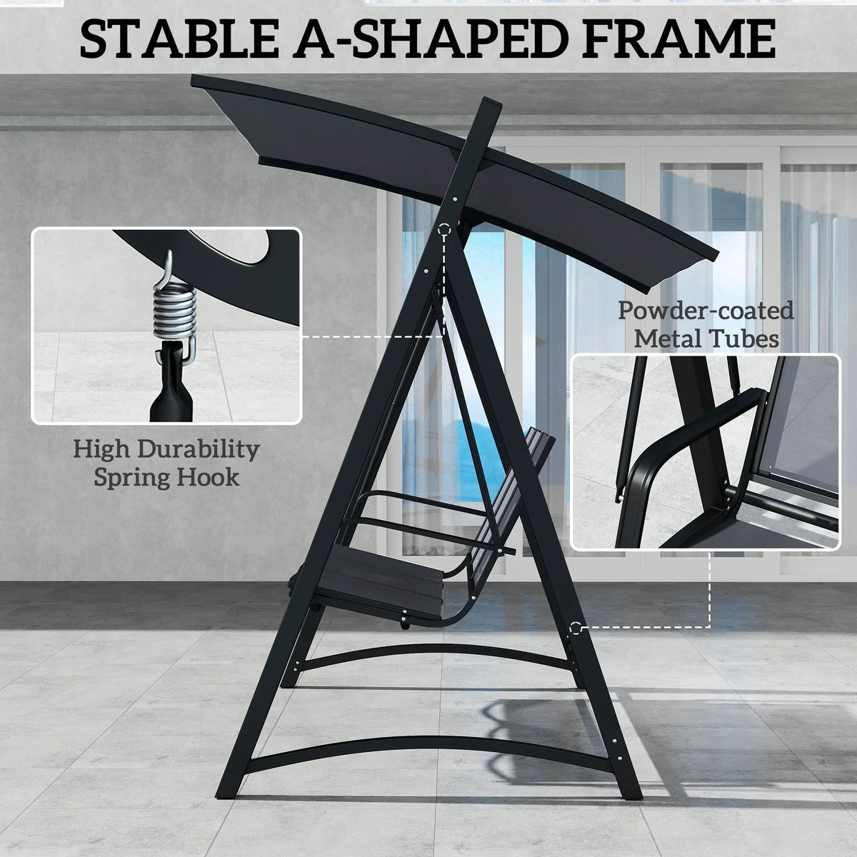 Grey A-frame swing bench with stabilizing legs and spring hook canopy support