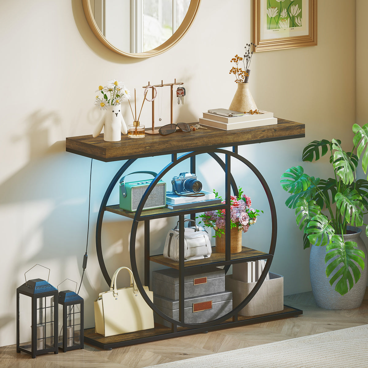 Industrial console table with circular metal frame, open shelves, dark wood top, cool LED glow.