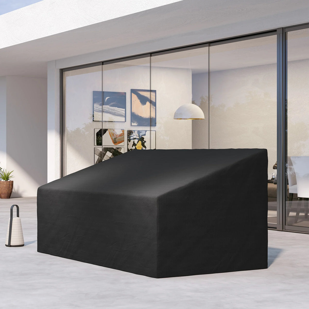Black 3-seater sofa cover with tight wrap over arms and back, tailored box shape