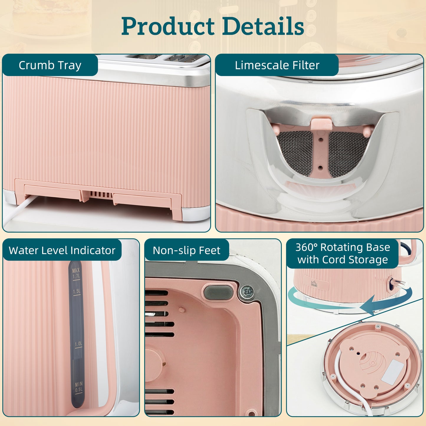 HOMCOM Electric Kettle And Four Slice Toaster Set 3000W 1.7L Pink UK Strix Thermostat Auto Shut Off