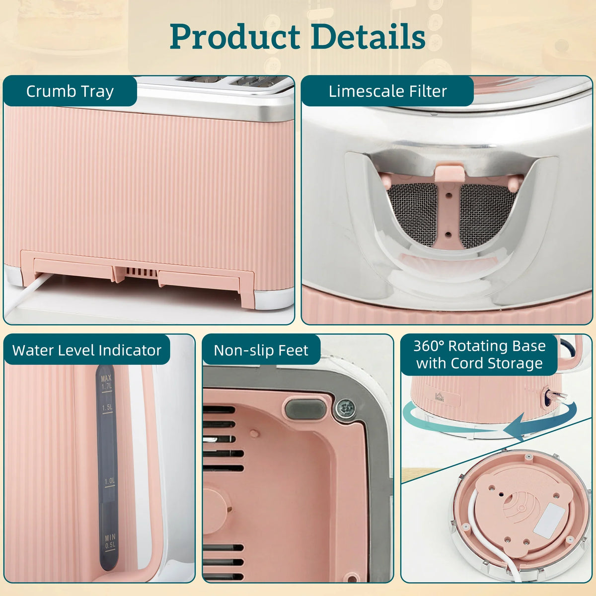 Electric kettle and toaster set: crumb tray, limescale filter, indicator and non-slip feet