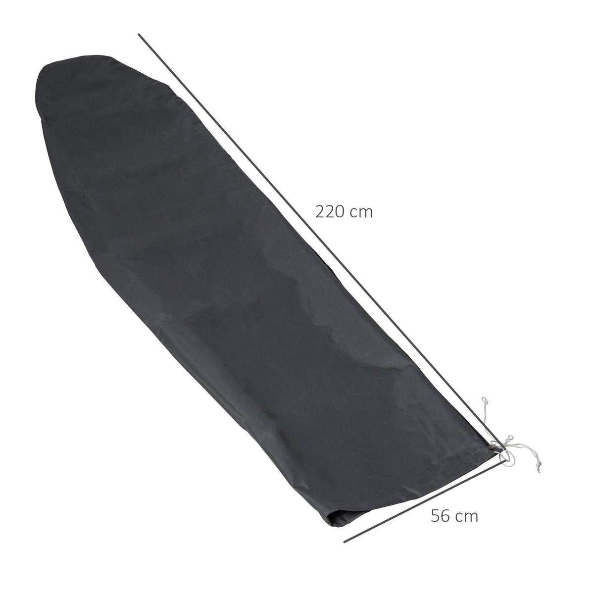 Grey cantilever umbrella cover, 220 cm long x 56 cm wide, with draw cord at ends