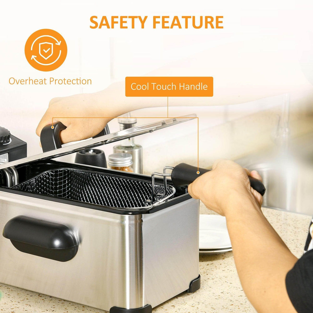Stainless steel deep fat fryer with cool-touch handle and overheat protection