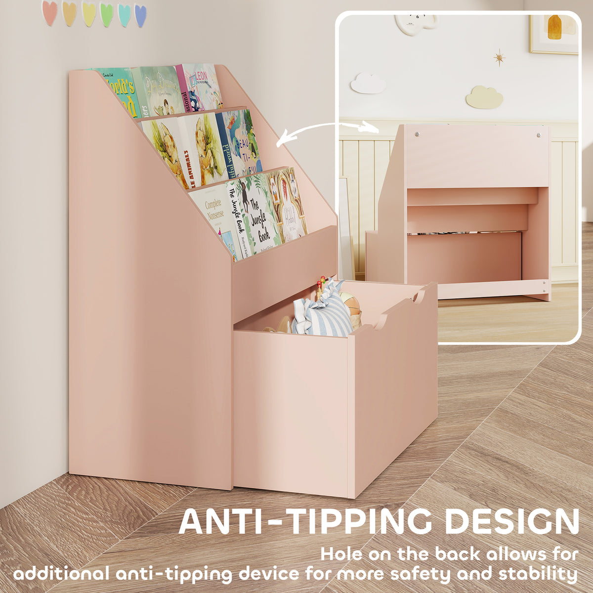Pink bookcase with open top shelves and large front drawer for storing children’s books